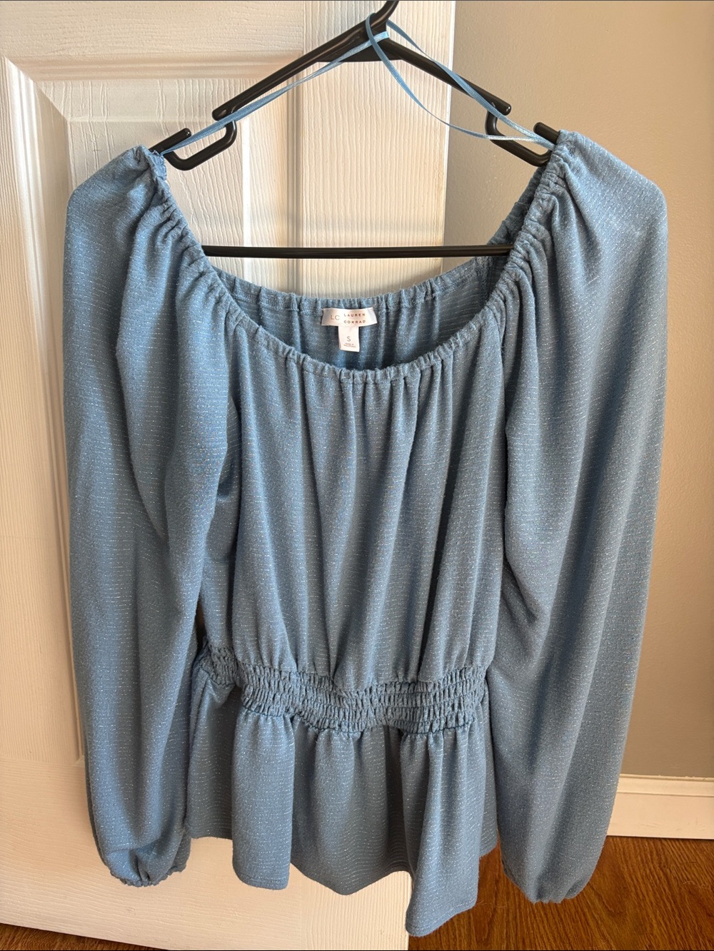 LC Lauren Conrad Dusty Blue Smocked Peplum Top